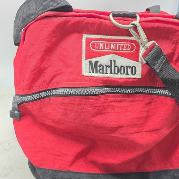 Vintage Marlboro Unlimited Duffle Bag Red Black Nylon Sports Gym Carry On Large - Picture 2 of 14
